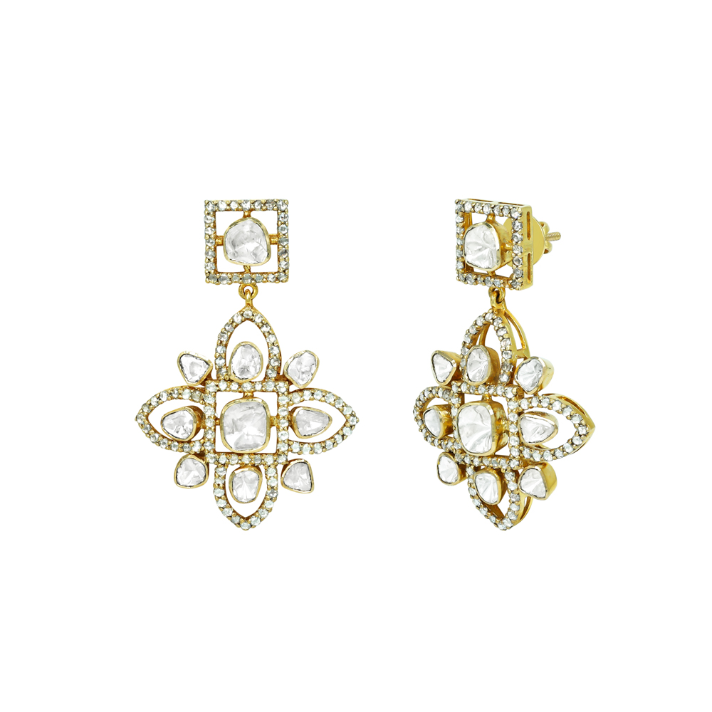 Floral Polki Earrings with Geometric Frames and Diamond Border